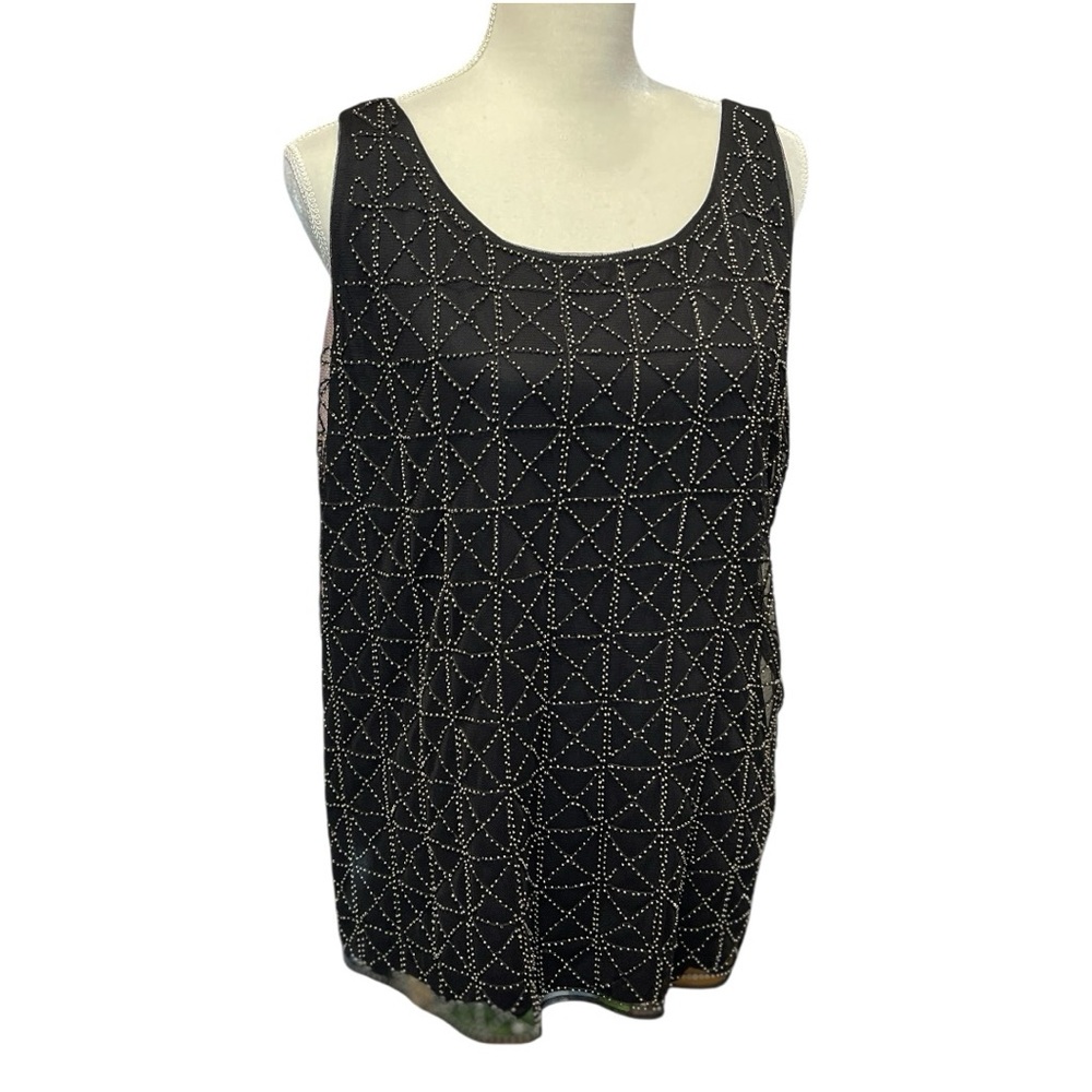Chicos Geo Womens Embellished Mesh Overlay Tank Black Size Large Event Party NWT